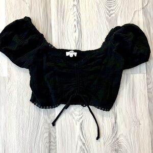 Cropped off the shoulder tie front blouse, puff sleeve